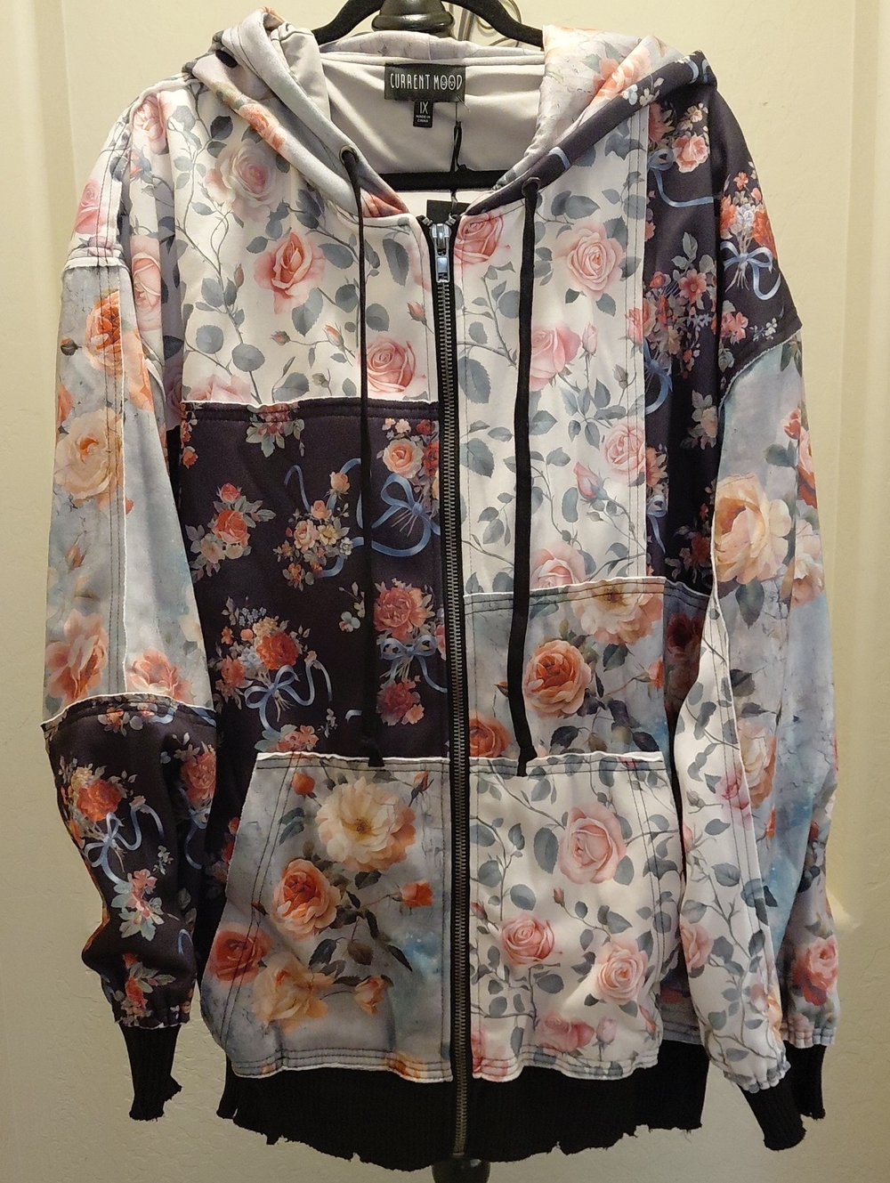 DOLLSKILL Current Mood Floral Patchwork Zip Hoodie - Women's Black & Pink